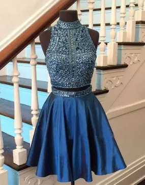 blue homecoming dress, short homecoming dress,two pieces homecoming dress, BD39755