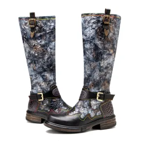 CrazycatZ Womens Leather Bohemian Knee High Boots Colorful Long Boots Vintage Boots Black