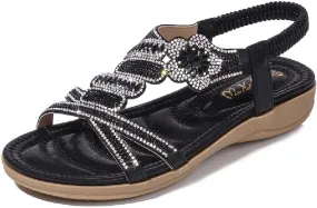 DKCHENH Rhinestone Sandals for Women Flat - Trendy Sparkling Boho Ladies' Flat Sandals,Beautiful Sparkling Boho Ladies' Flat Sandals for Summer.