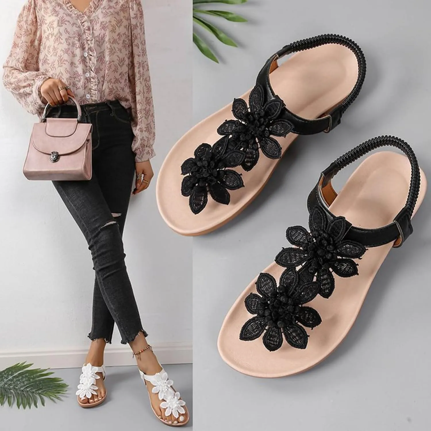 Flat Sandals for Women Cute Flower Clip-Toe Beach Slides 2025 Spring Summer Trendy Ankle Strap Flip-Flop Sandal