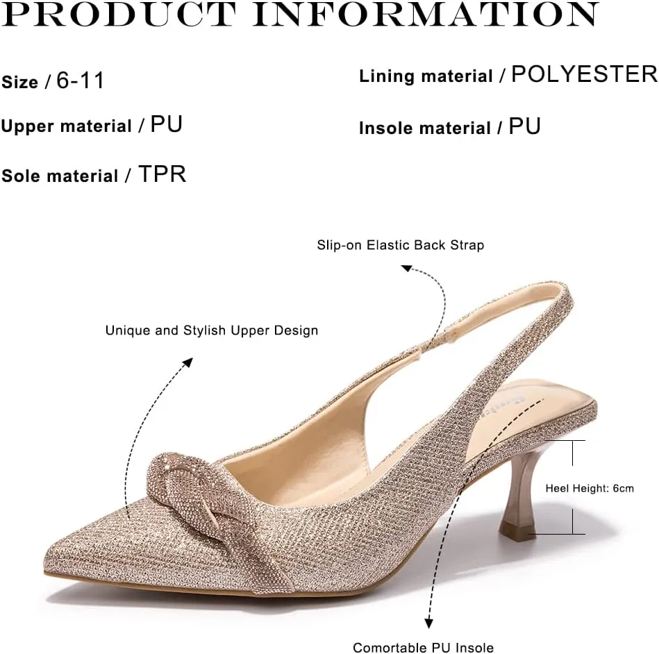 FUNKYMONKEY Women's Slingback Pumps Shoes, Elastic Strap Pointed Toe Kitten Heel Dress Wedding Party Shoes