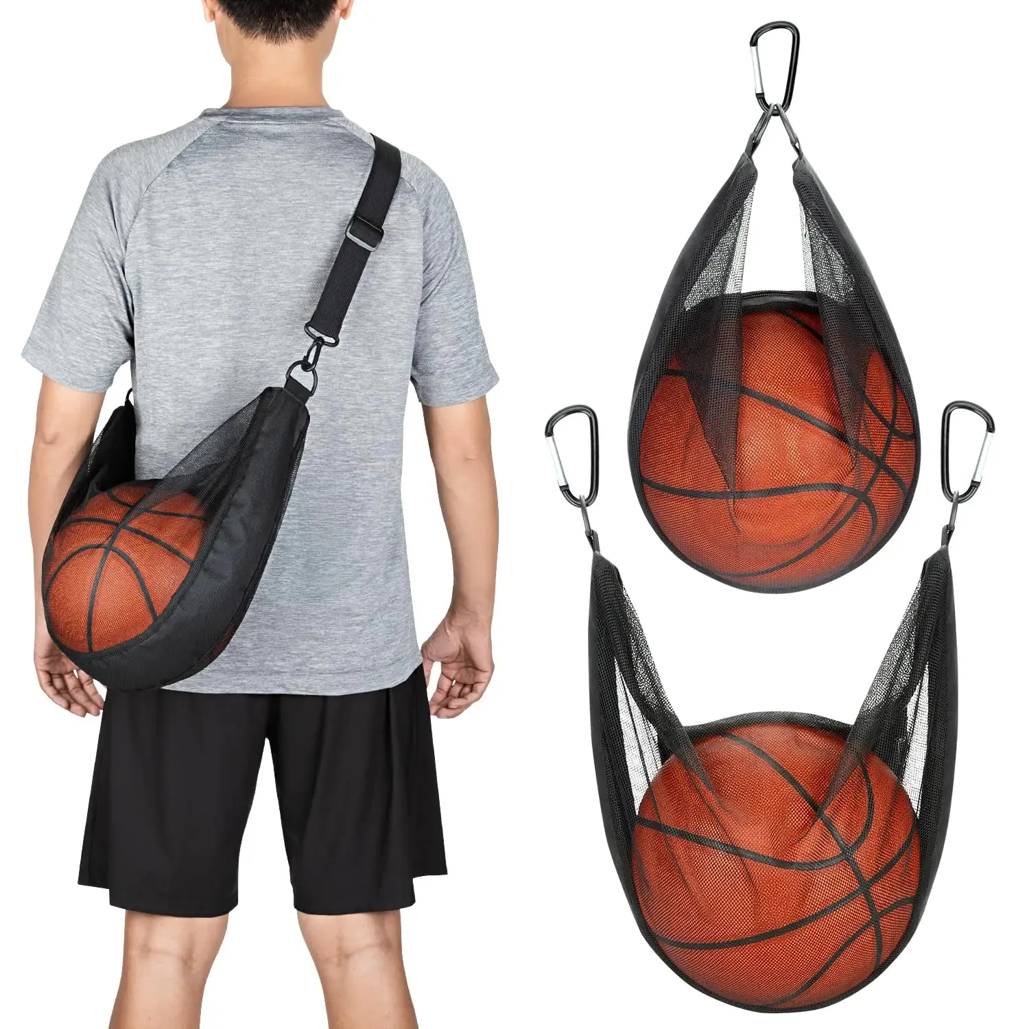 HEDUGO Single Ball Bag with Zipper Pocket Mesh Shoulder Bag with Buckle Clip Sport Equipment Storage Net for Carring Basketball Soccer Volleyball Rugby Also as Swim Beach Bag Gym Sports Crossbody Bag