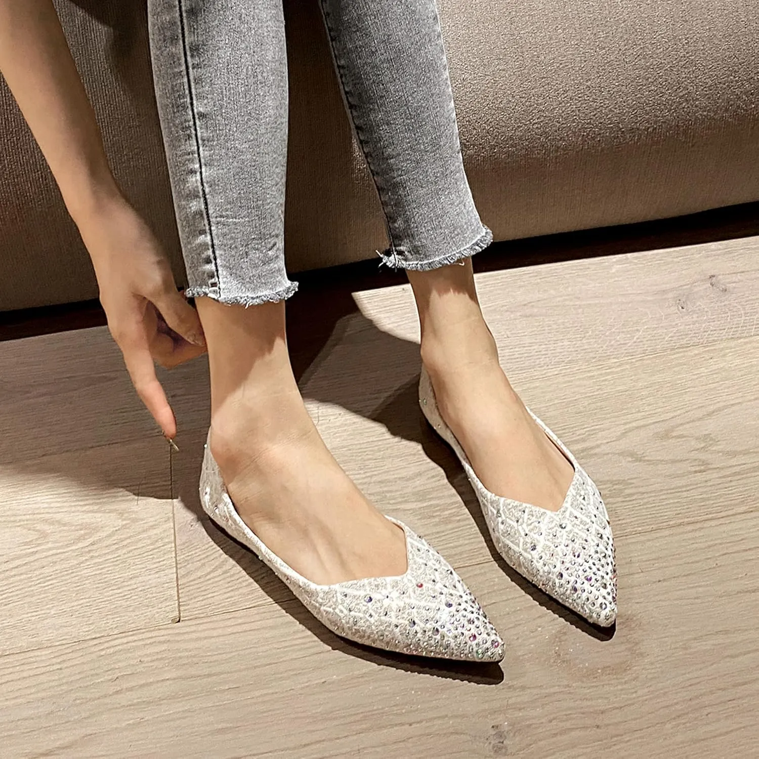 Hee grand Women's Slip On Ballet Flats Fashion Rhinestone Pointed Toe Shallow Flat Shoes Wedding Shoes for Party Wedding Shoes for Party
