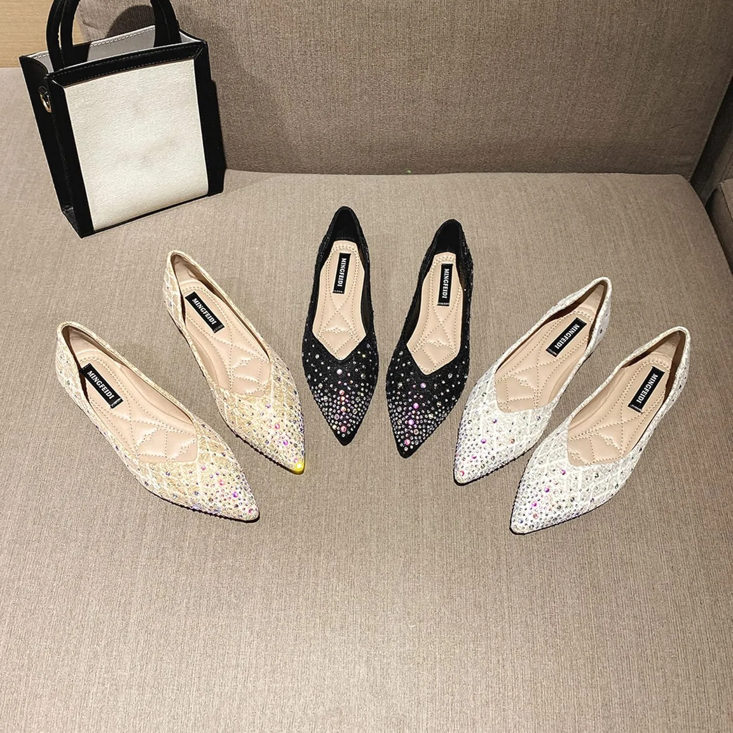 Hee grand Women's Slip On Ballet Flats Fashion Rhinestone Pointed Toe Shallow Flat Shoes Wedding Shoes for Party Wedding Shoes for Party