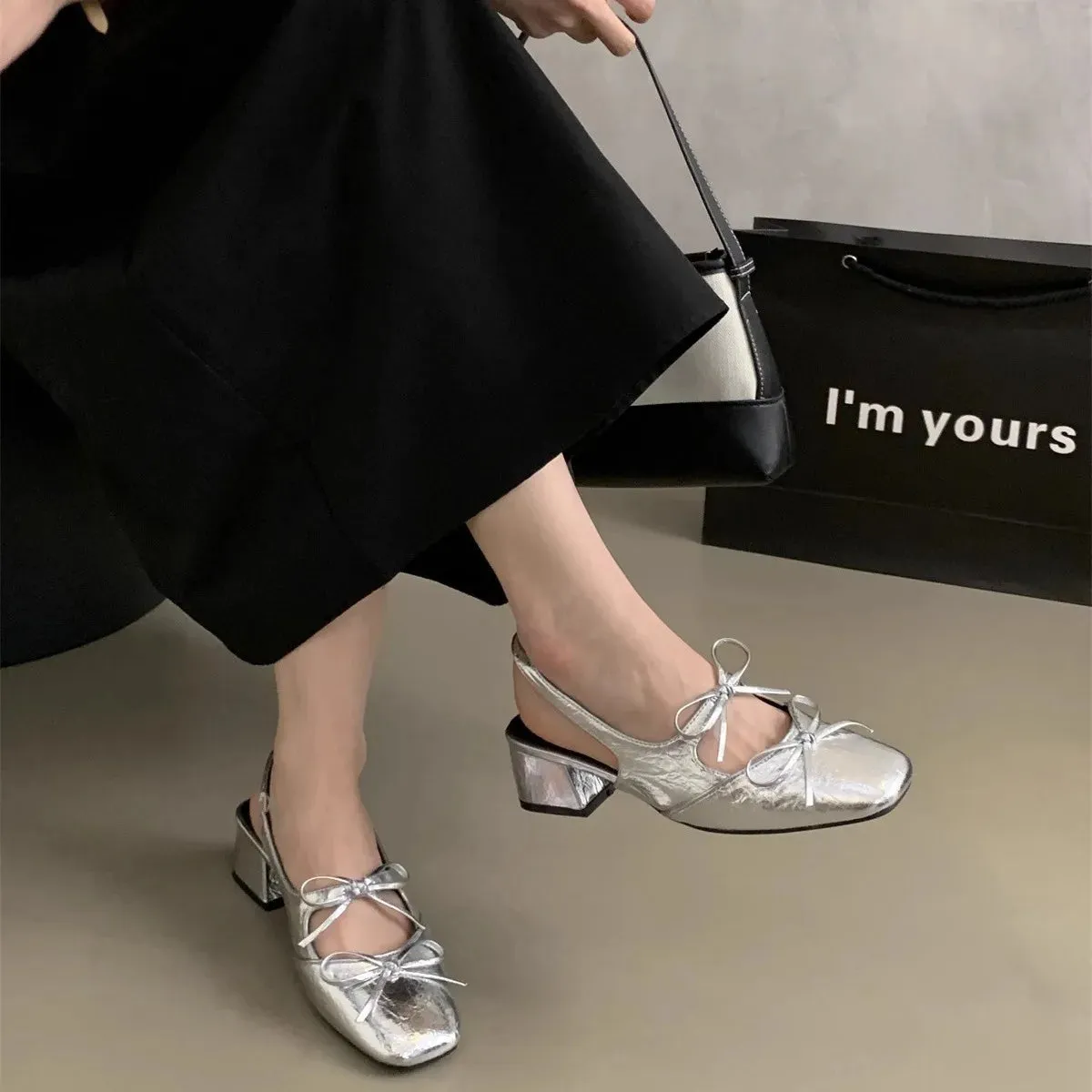 Hnzxzm Medium Heeled Mary Jane Sandals 2024 New Designer Women Shoes Fashion Double Bowknot Thick Heeled Ballet Shoes Ladies Soft Shoes