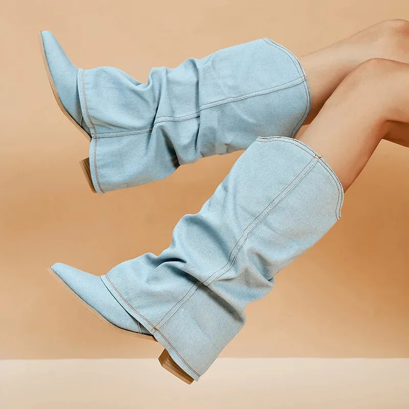 Hnzxzm Pleated Cowgirl Boots for Women Pointed Toe Denim Mid Calf Boots Woman Fashion Thick Heels Western Botas Plus Size