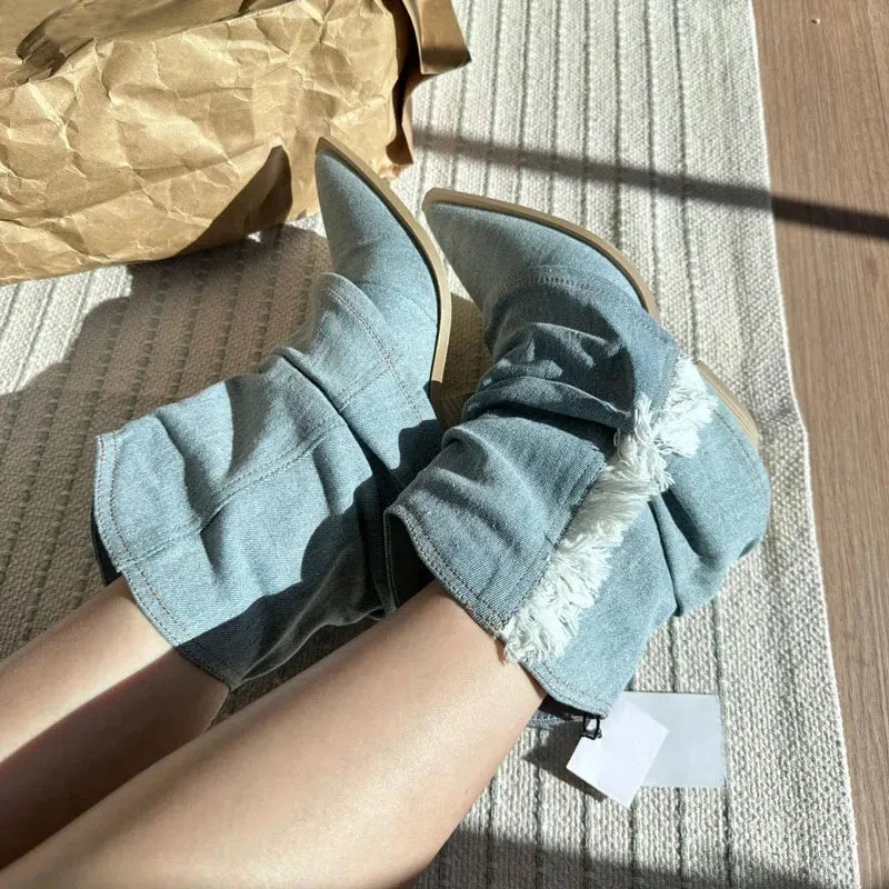 Hnzxzm Pleated Cowgirl Boots for Women Pointed Toe Denim Mid Calf Boots Woman Fashion Thick Heels Western Botas Plus Size
