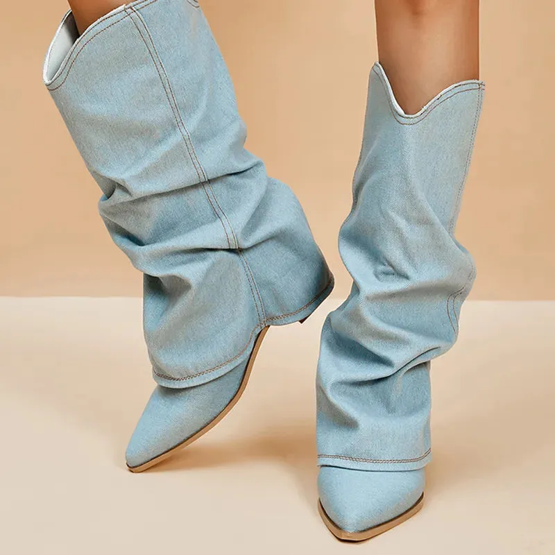 Hnzxzm Pleated Cowgirl Boots for Women Pointed Toe Denim Mid Calf Boots Woman Fashion Thick Heels Western Botas Plus Size