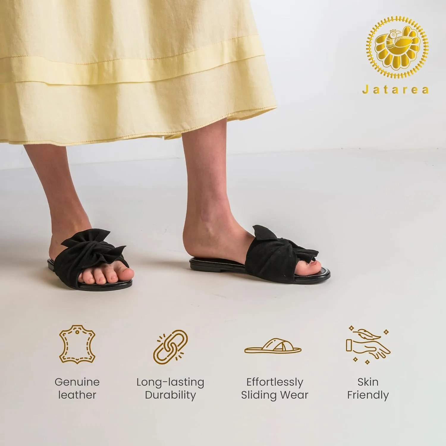 JATAREA Womens Slip-On Leather Flat Sandals with Round Open Toe | Classic and Trendy Slippers - CAVERY