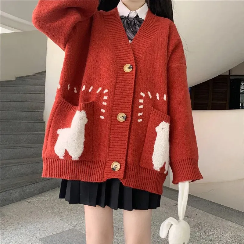 Joskaa Christmas Gift Cute Print Oversized Cardigan Woman Sweater Korean Style Loose Big Pocket Knitted Sweater Autumn Winter V-neck Warm Sweater Coat