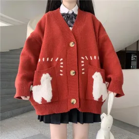 Joskaa Christmas Gift Cute Print Oversized Cardigan Woman Sweater Korean Style Loose Big Pocket Knitted Sweater Autumn Winter V-neck Warm Sweater Coat