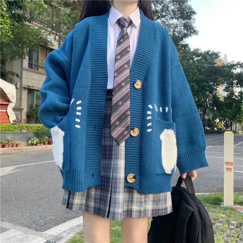 Joskaa Christmas Gift Cute Print Oversized Cardigan Woman Sweater Korean Style Loose Big Pocket Knitted Sweater Autumn Winter V-neck Warm Sweater Coat
