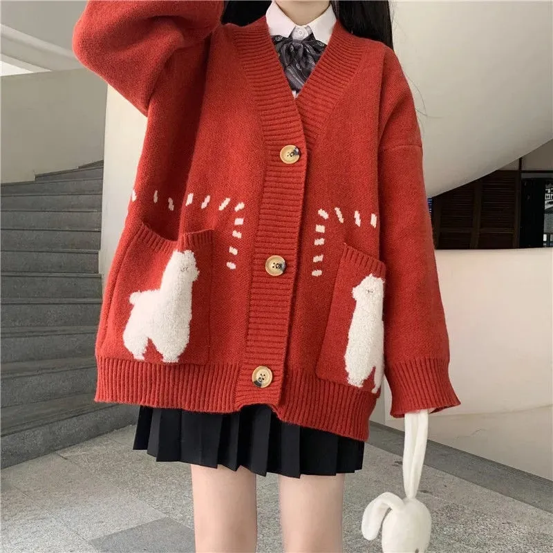Joskaa Christmas Gift Cute Print Oversized Cardigan Woman Sweater Korean Style Loose Big Pocket Knitted Sweater Autumn Winter V-neck Warm Sweater Coat