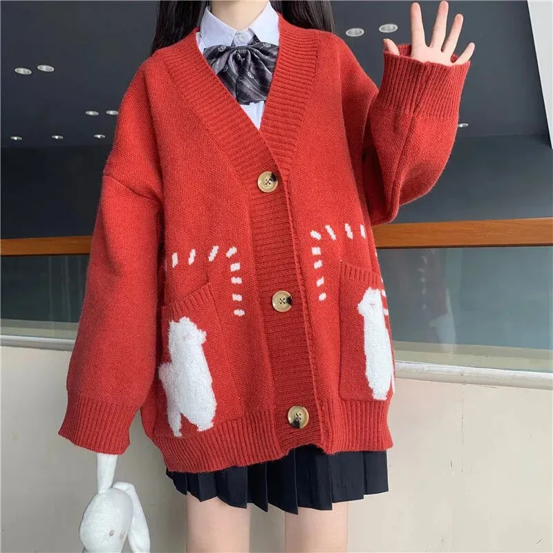 Joskaa Christmas Gift Cute Print Oversized Cardigan Woman Sweater Korean Style Loose Big Pocket Knitted Sweater Autumn Winter V-neck Warm Sweater Coat