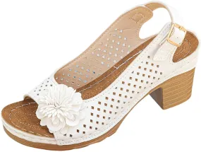 Ladies Orthopedic Sandals Slides Non Slip Beach Sandals Trendy Elegant Flowers Decor Hollow Out Low Heel Sandal with Adjustable Buckle Straps