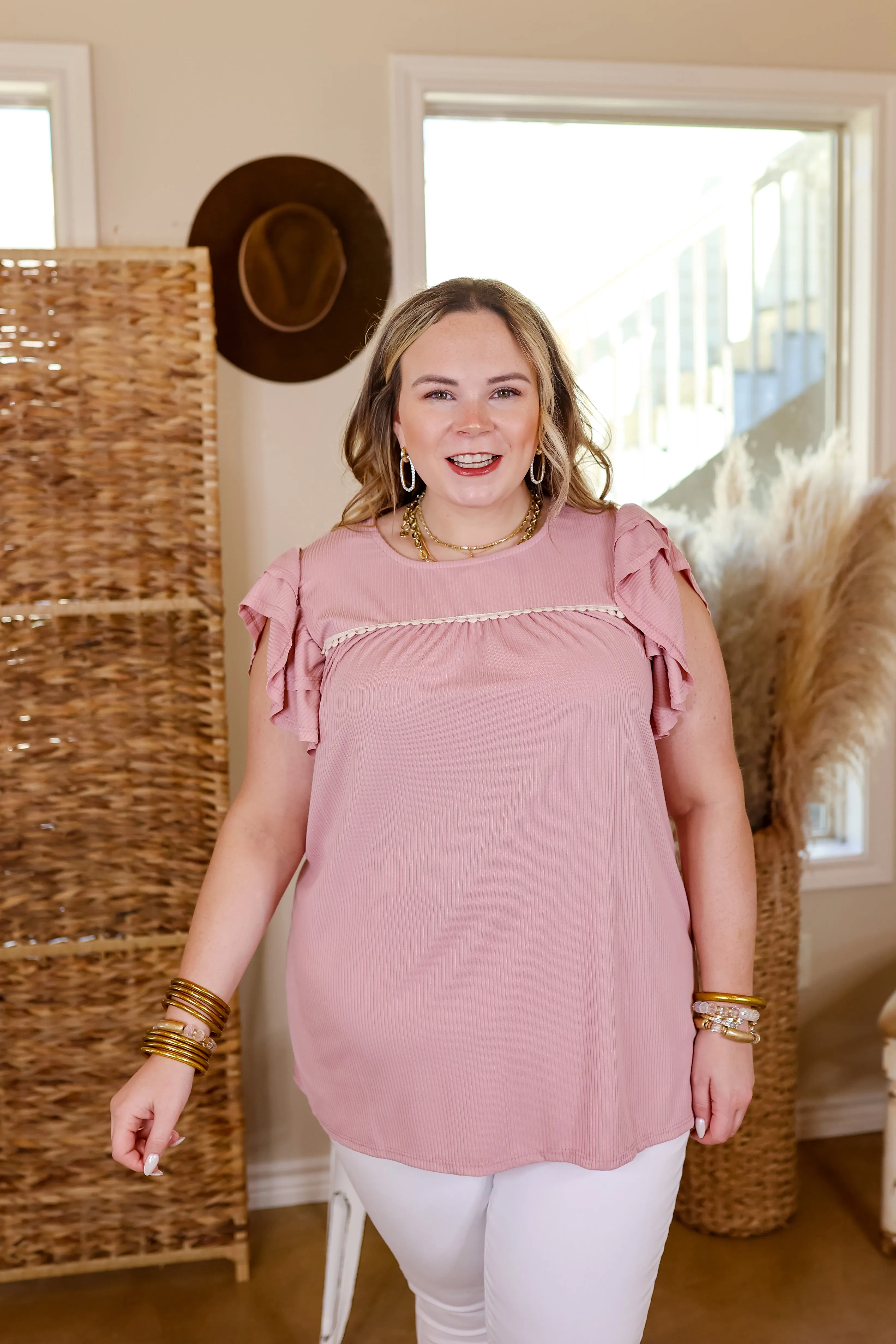 Last Chance Size Small | Everyday Beautiful Ribbed Ruffle Cap Sleeve Top with Crochet Detail in Dusty Pink
