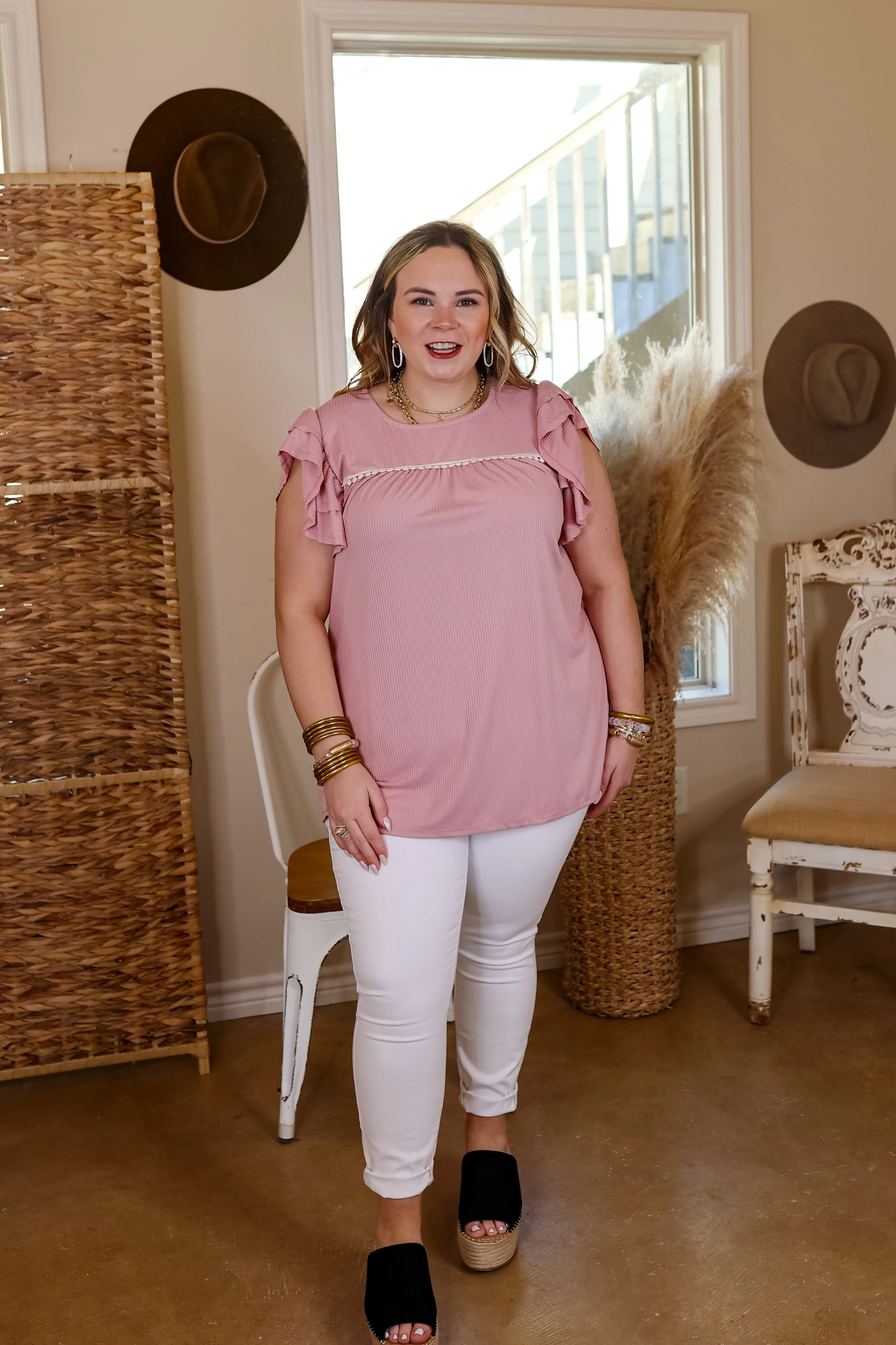 Last Chance Size Small | Everyday Beautiful Ribbed Ruffle Cap Sleeve Top with Crochet Detail in Dusty Pink