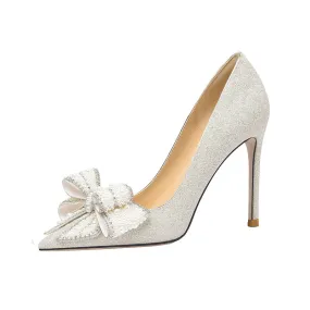 Lily Early 2023 Spring Main Wedding Pearl Bow High Heels Shoes- Una