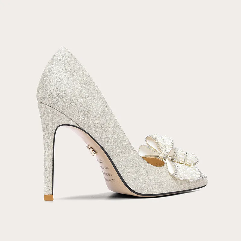 Lily Early 2023 Spring Main Wedding Pearl Bow High Heels Shoes- Una