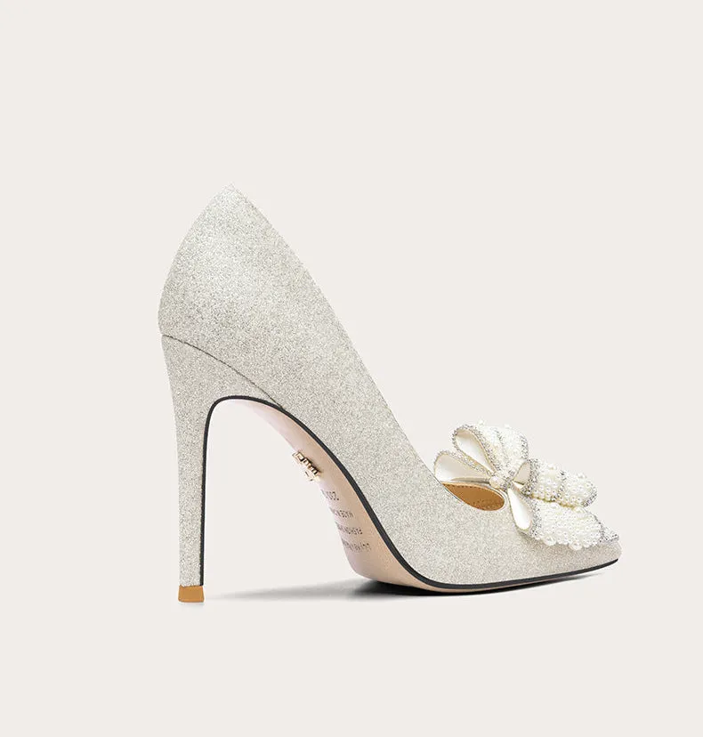 Lily Early 2023 Spring Main Wedding Pearl Bow High Heels Shoes- Una