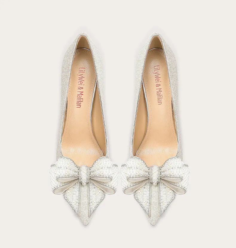 Lily Early 2023 Spring Main Wedding Pearl Bow High Heels Shoes- Una
