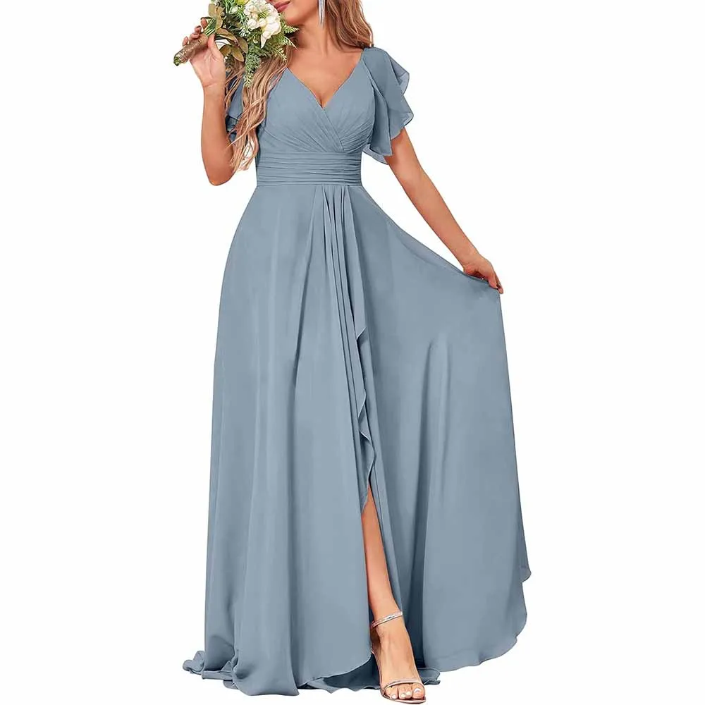 Long Bridesmaid Dresses Wedding Short Sleeve Formal Dress Chiffon Evening Gown