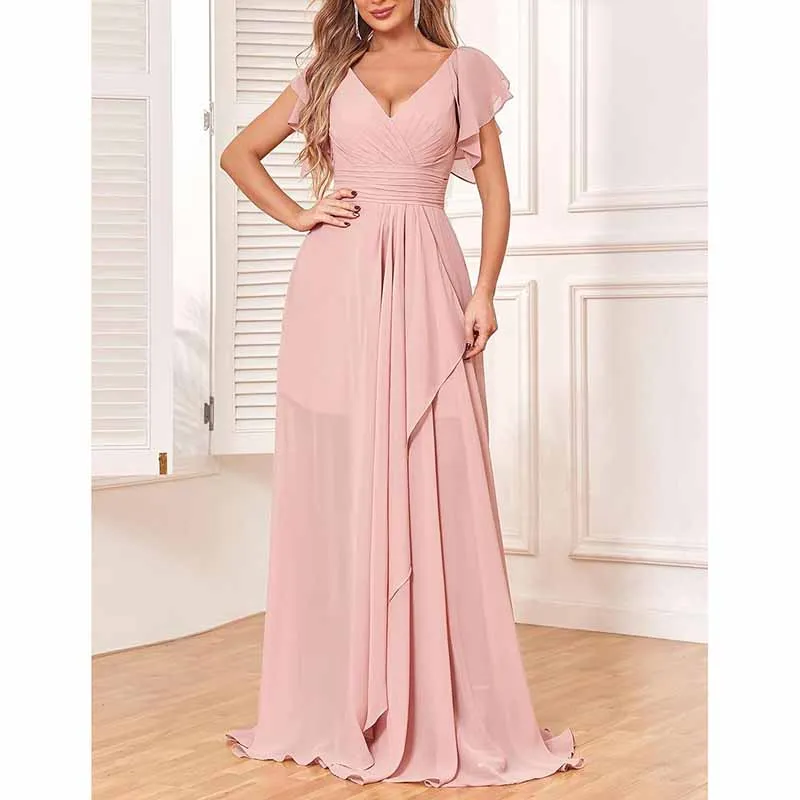 Long Bridesmaid Dresses Wedding Short Sleeve Formal Dress Chiffon Evening Gown