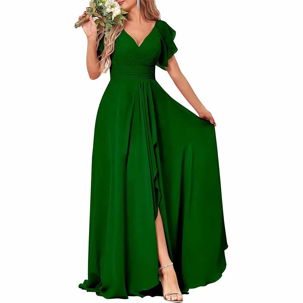 Long Bridesmaid Dresses Wedding Short Sleeve Formal Dress Chiffon Evening Gown