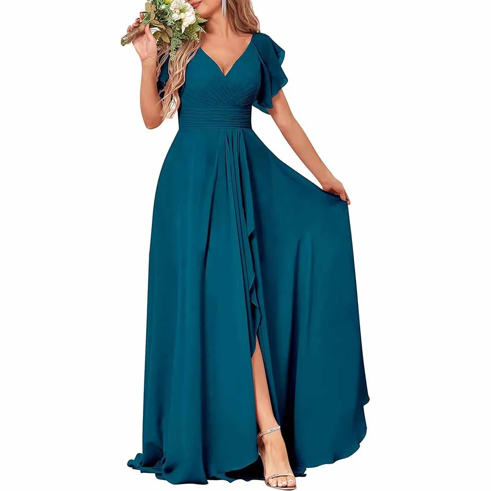 Long Bridesmaid Dresses Wedding Short Sleeve Formal Dress Chiffon Evening Gown