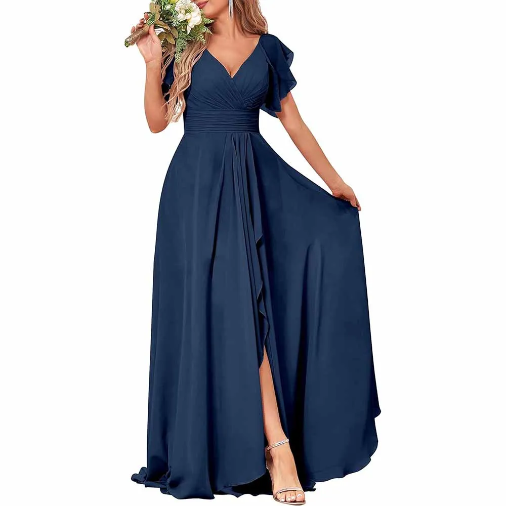 Long Bridesmaid Dresses Wedding Short Sleeve Formal Dress Chiffon Evening Gown