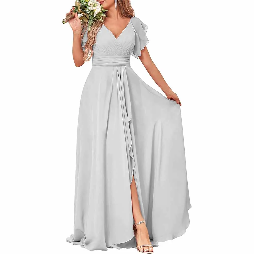 Long Bridesmaid Dresses Wedding Short Sleeve Formal Dress Chiffon Evening Gown
