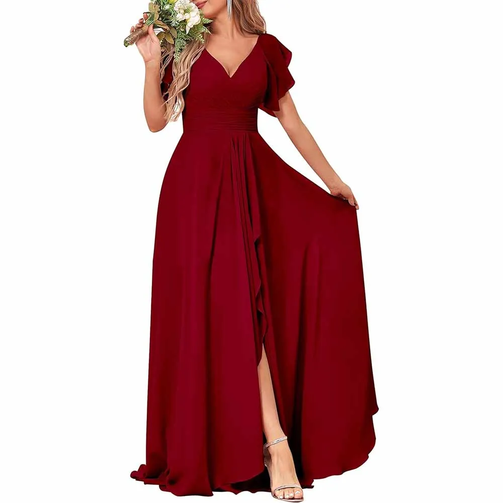 Long Bridesmaid Dresses Wedding Short Sleeve Formal Dress Chiffon Evening Gown