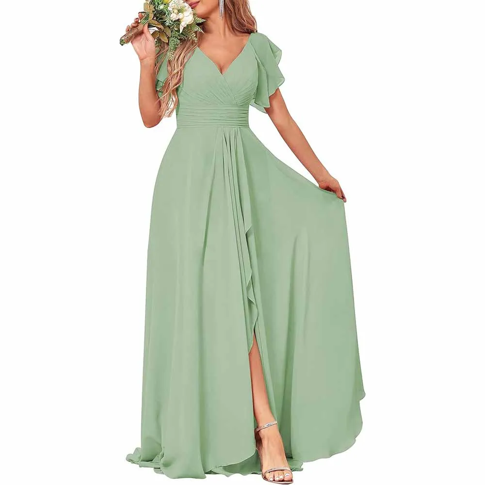 Long Bridesmaid Dresses Wedding Short Sleeve Formal Dress Chiffon Evening Gown