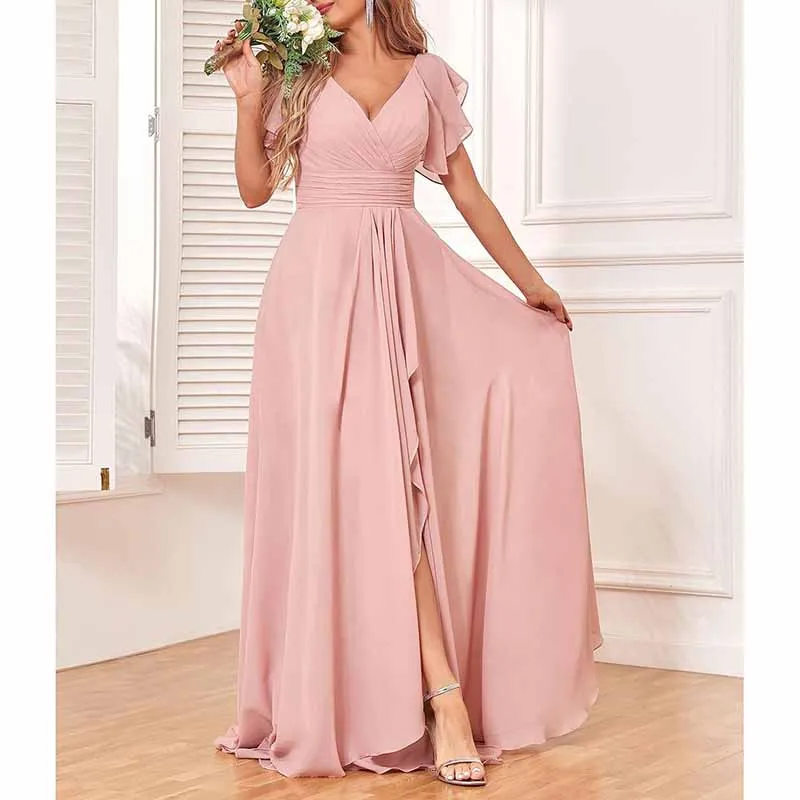 Long Bridesmaid Dresses Wedding Short Sleeve Formal Dress Chiffon Evening Gown