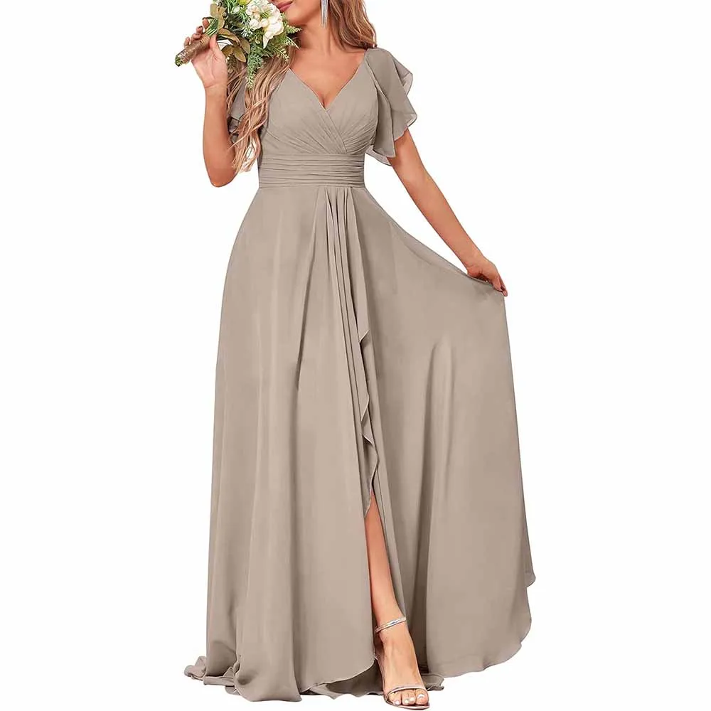 Long Bridesmaid Dresses Wedding Short Sleeve Formal Dress Chiffon Evening Gown