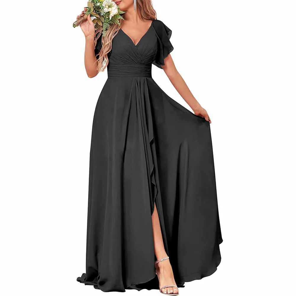 Long Bridesmaid Dresses Wedding Short Sleeve Formal Dress Chiffon Evening Gown