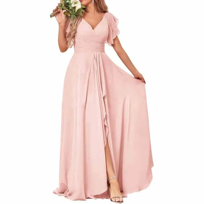 Long Bridesmaid Dresses Wedding Short Sleeve Formal Dress Chiffon Evening Gown
