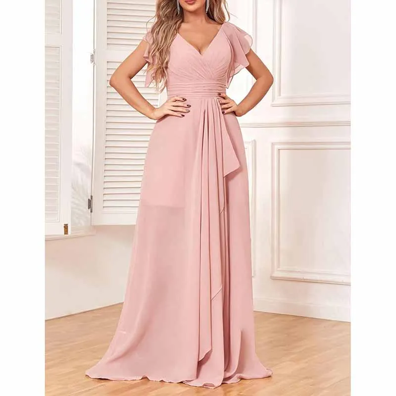 Long Bridesmaid Dresses Wedding Short Sleeve Formal Dress Chiffon Evening Gown