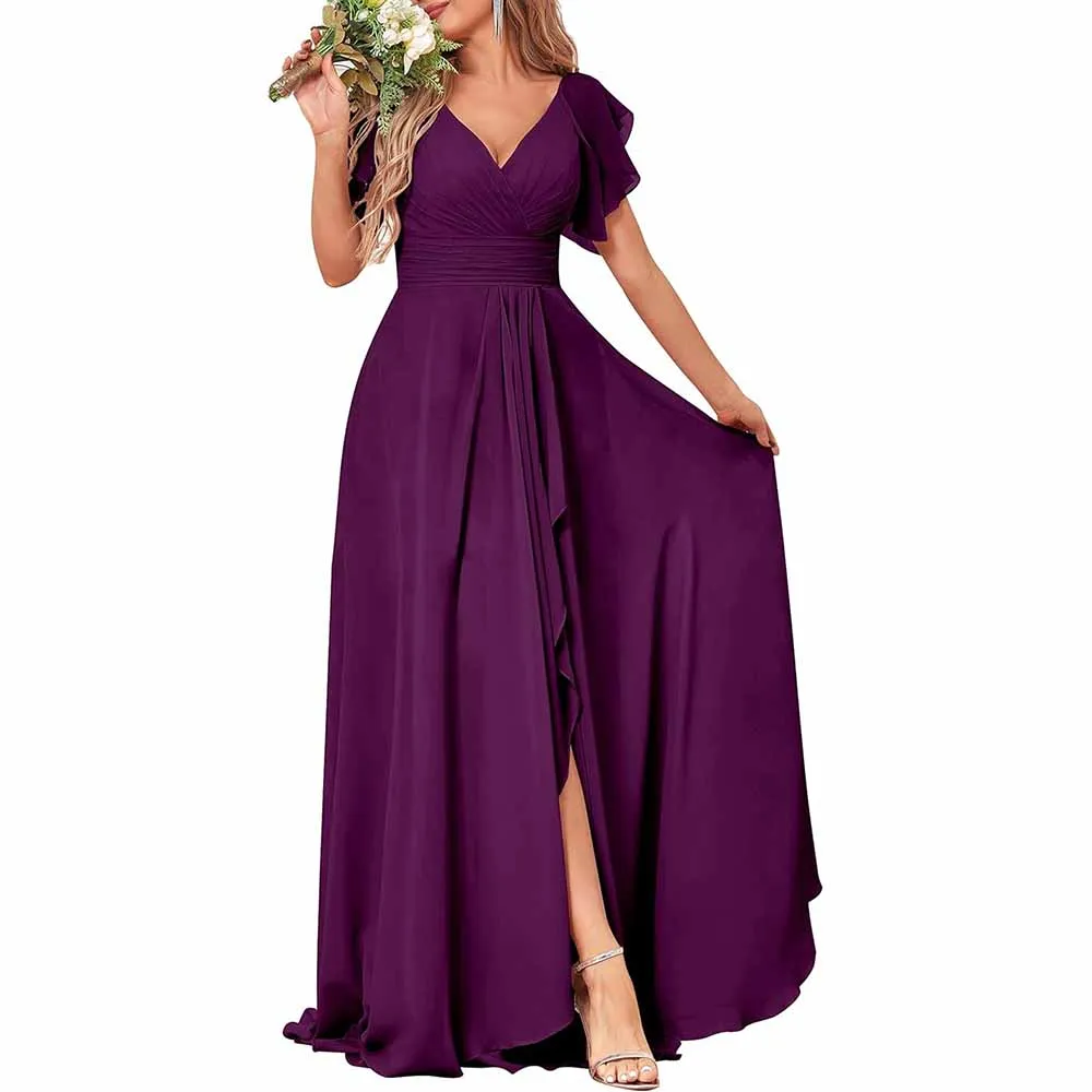 Long Bridesmaid Dresses Wedding Short Sleeve Formal Dress Chiffon Evening Gown