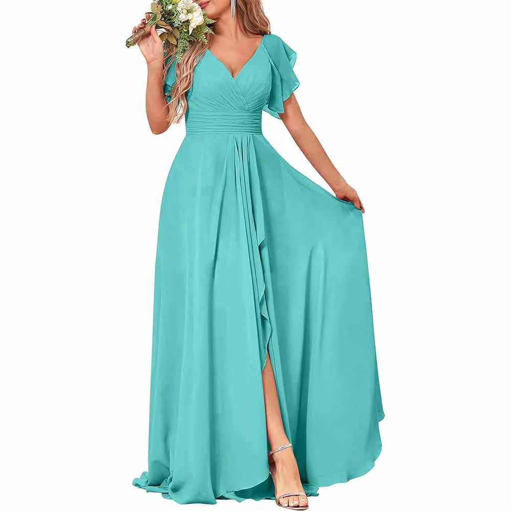 Long Bridesmaid Dresses Wedding Short Sleeve Formal Dress Chiffon Evening Gown