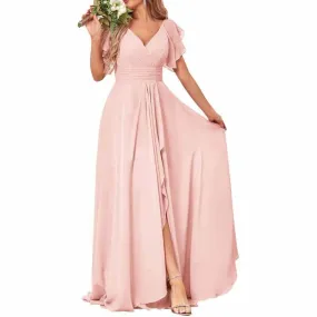 Long Bridesmaid Dresses Wedding Short Sleeve Formal Dress Chiffon Evening Gown