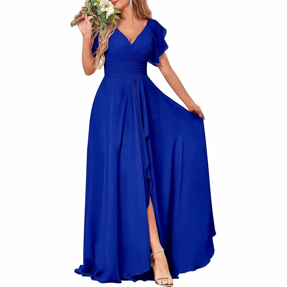 Long Bridesmaid Dresses Wedding Short Sleeve Formal Dress Chiffon Evening Gown