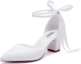 Pearl Wedding Shoes for Bride Block Heel Bridal Shoes Pointed Toe Wedding Heels