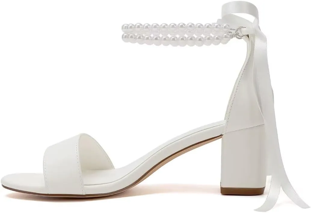 Pearl Wedding Shoes Open Toe Block Heel Wedding Sandals Chunky Heel Bridal Shoes