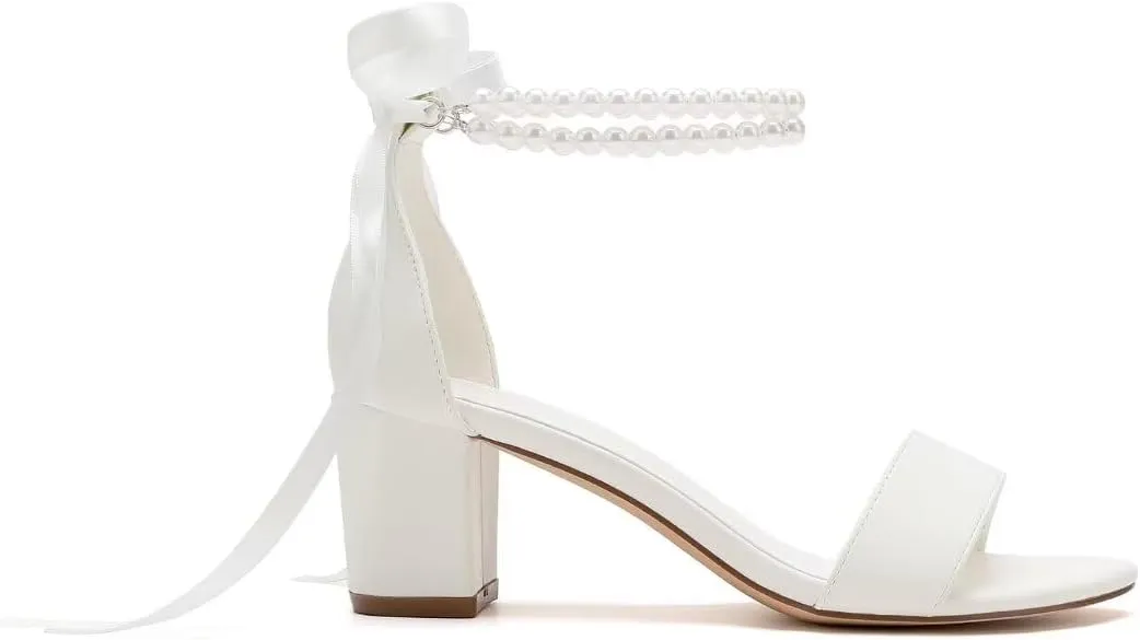 Pearl Wedding Shoes Open Toe Block Heel Wedding Sandals Chunky Heel Bridal Shoes