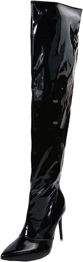 SACFOF Womens Thigh High Boots Sexy Stiletto Side Zipper Winter Over The Knee Boots Pointed Toe Wide Calf Long Boots