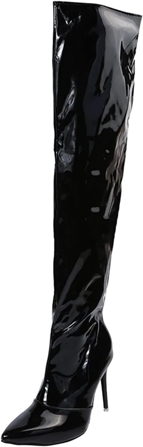 SACFOF Womens Thigh High Boots Sexy Stiletto Side Zipper Winter Over The Knee Boots Pointed Toe Wide Calf Long Boots