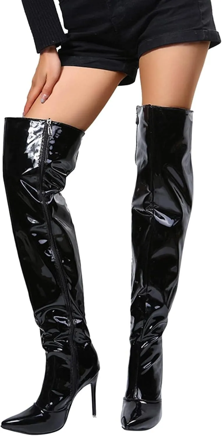 SACFOF Womens Thigh High Boots Sexy Stiletto Side Zipper Winter Over The Knee Boots Pointed Toe Wide Calf Long Boots