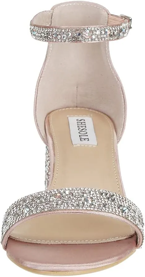 SheSole Women's Open Toe Strappy Low Block Heel Bling Rhinestone Sandals for Wedding Bride Dress Shoes
