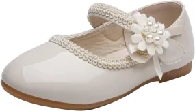 Teen Girls' Small Leather Shoes Single Loafers Flat Floral 𝐄mbellished Ribbed Adjustable Strap Dress Shoes